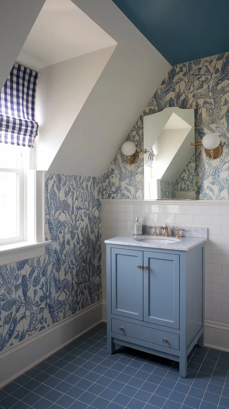 Coastal charm meets preppy style in this powder room. The light blue bathroom wallpaper, accented by blue tile and a slanted ceiling, creates a serene and sophisticated space reminiscent of a Serena and Lily design.  The blue and white wallpaper bathroom perfectly captures the airy feel of a seaside escape.