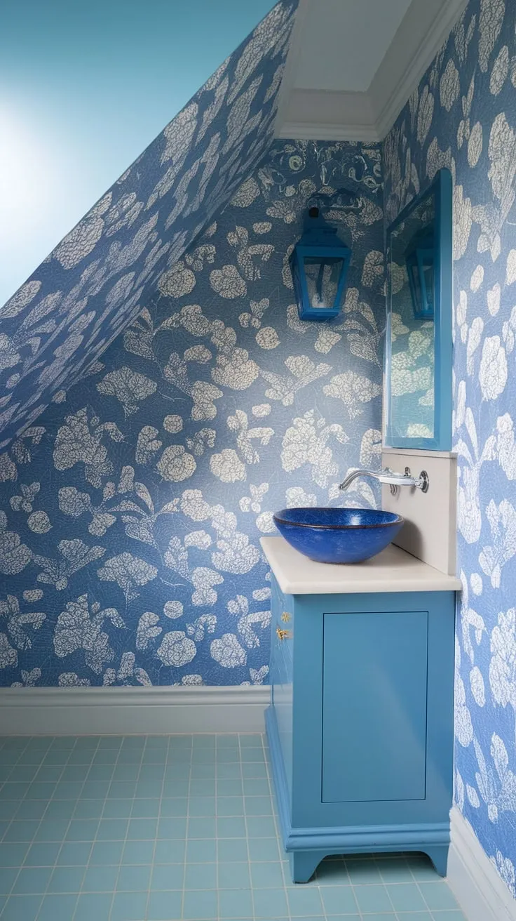 Coastal charm meets preppy sophistication in this powder room.  The light blue bathroom wallpaper, reminiscent of a Serena &#038; Lily design, perfectly complements the blue tile and slanted ceiling, creating a serene and stylish half bath.