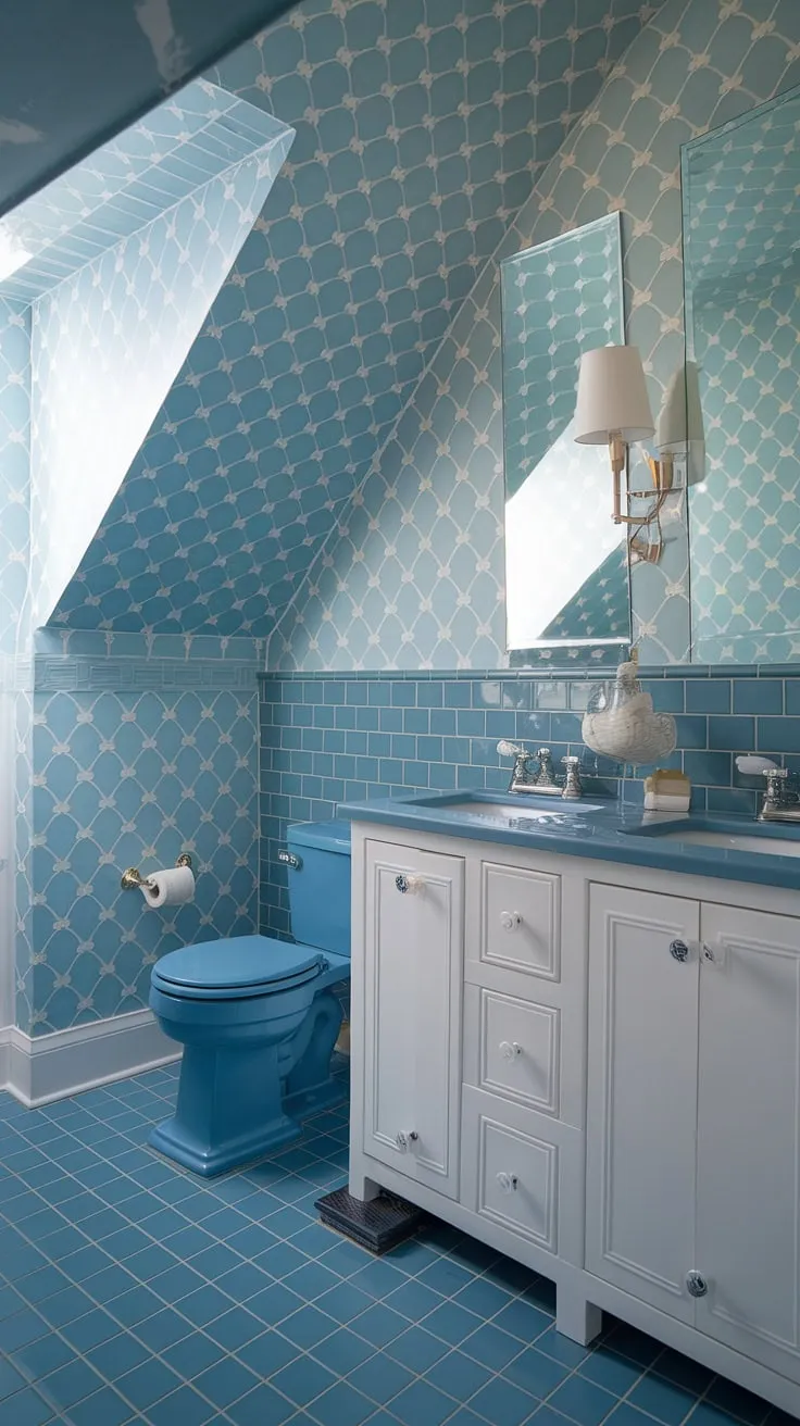 Coastal charm meets preppy style in this powder room. The light blue bathroom wallpaper, accented by blue tile and a slanted ceiling, creates a serene and stylish space reminiscent of a Serena and Lily design.  The blue and white wallpaper bathroom perfectly complements the coastal powder room aesthetic.