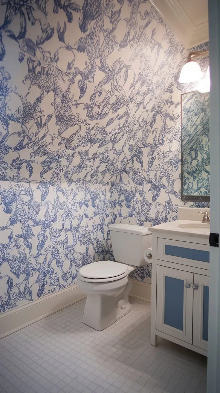A preppy half bath doesn't get much better than this! This powder room with slanted ceiling boasts a stunning blue and white wallpaper bathroom design. The light blue bathroom wallpaper, paired with white tile flooring and a crisp white toilet, creates a serene coastal powder room vibe reminiscent of Serena and Lily.  The blue and white wallpaper bathroom is the perfect blend of coastal charm and preppy sophistication.