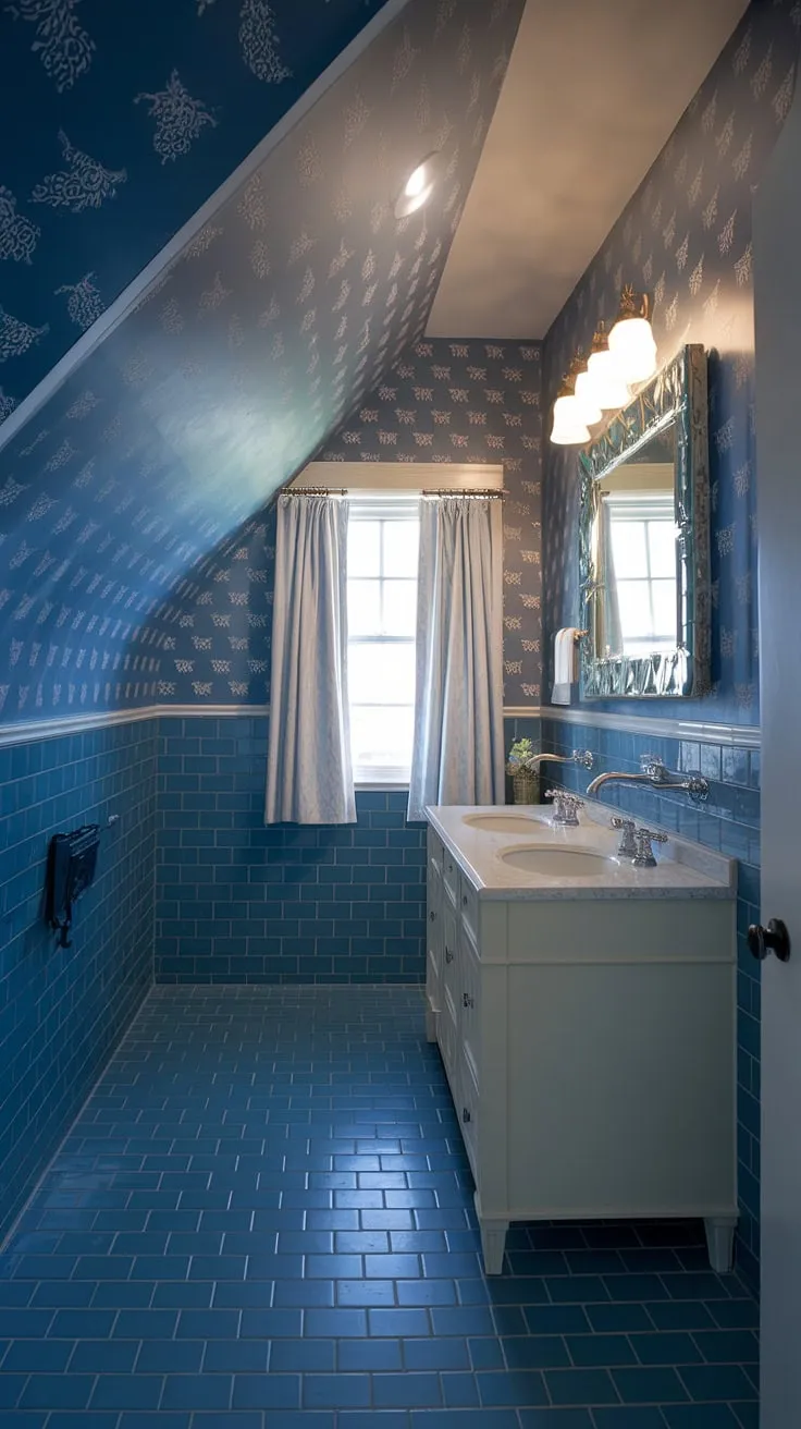A dreamy blue wallpaper bathroom, this powder room with slanted ceiling boasts a sophisticated coastal vibe.  The blue tile bathroom and white vanity create a bright and airy feel, making it the perfect preppy half bath.  The Serena and Lily aesthetic shines through in every detail.