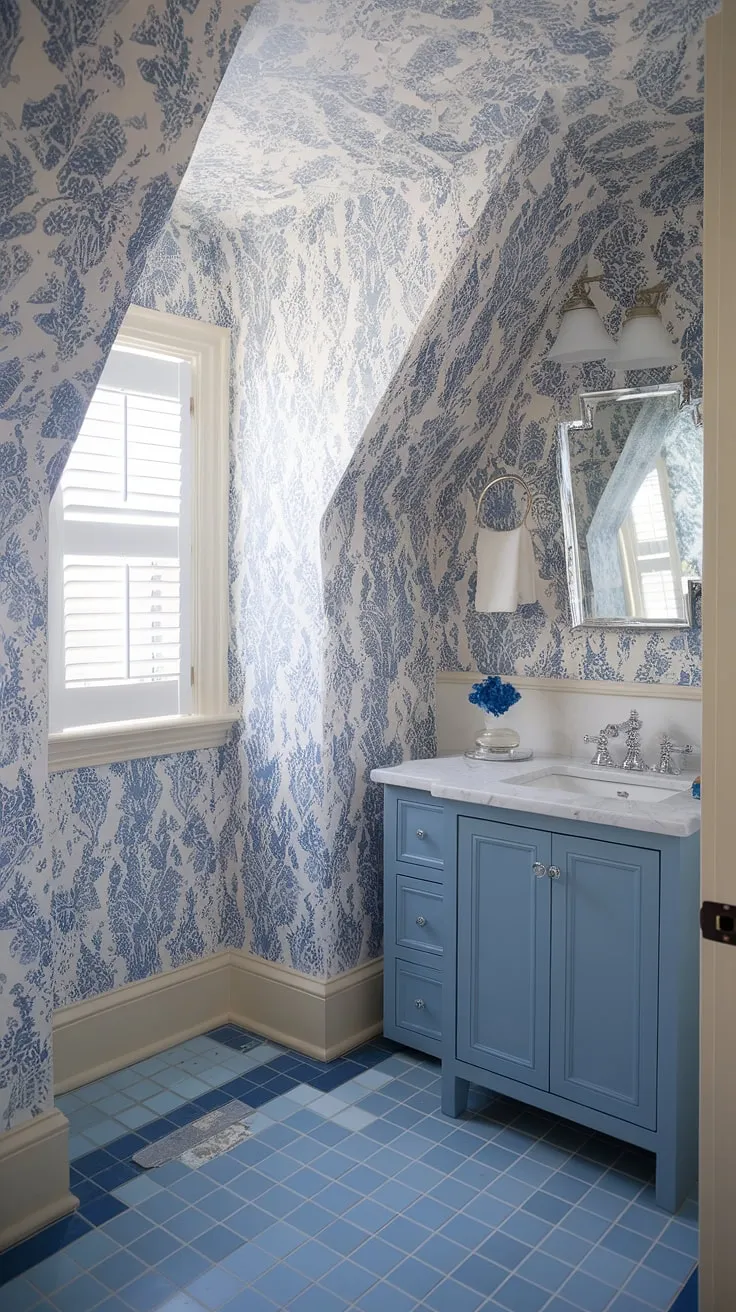 This preppy half bath boasts a stunning blue wallpaper bathroom, featuring a light blue bathroom wallpaper that evokes a breezy coastal feel.  The slanted ceiling adds architectural interest to this charming powder room, while the blue tile adds a touch of sophistication, creating a space worthy of Serena and Lily.
