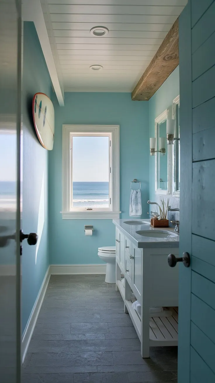 Dreamy blue beach bathroom ideas come to life in this small, yet perfectly styled coastal aesthetic bathroom.  The white coastal bathroom vanity and surfboard accent perfectly capture a beach house bathroom aesthetic, while the ocean view elevates this surf theme bathroom to a true beach cottage style bathroom.  Find inspiration for your own beach aesthetic bathroom ideas here.
