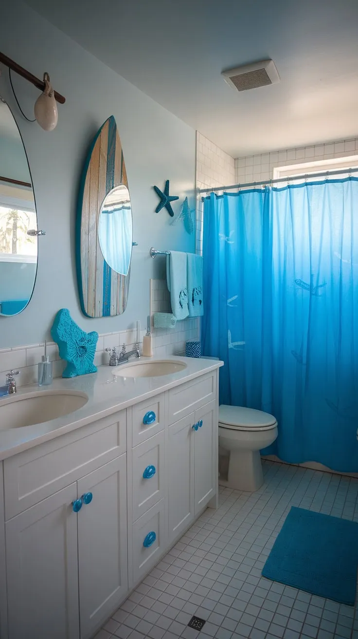 This beach cottage style bathroom embodies the perfect beach house bathroom aesthetic.  Blue beach bathroom ideas and white coastal bathroom ideas combine effortlessly to create a stunning coastal aesthetic bathroom, even within a small space.  The subtle surf theme bathroom adds a playful touch to this dreamy coastal small bathroom, offering inspiring beach aesthetic bathroom ideas.