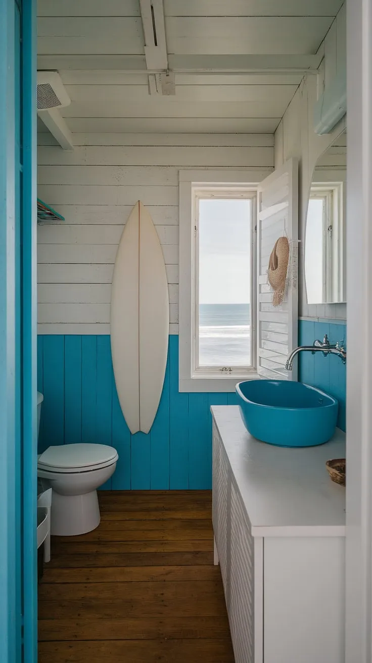 This coastal aesthetic bathroom proves that even a small space can embody the ultimate beach aesthetic bathroom ideas.  The blue and white color scheme, combined with a surf theme and ocean view, transforms this coastal small bathroom into a dreamy beach house bathroom aesthetic, perfect for a beach cottage style bathroom.