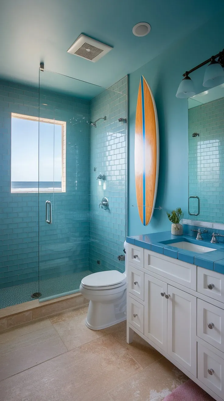 This beach cottage style bathroom embodies the perfect beach house bathroom aesthetic.  Blue beach bathroom ideas and white coastal bathroom ideas combine effortlessly to create a stunning coastal aesthetic bathroom, even within a small space.  The subtle surf theme bathroom adds a playful touch to this relaxing coastal small bathroom, offering inspiring beach aesthetic bathroom ideas.