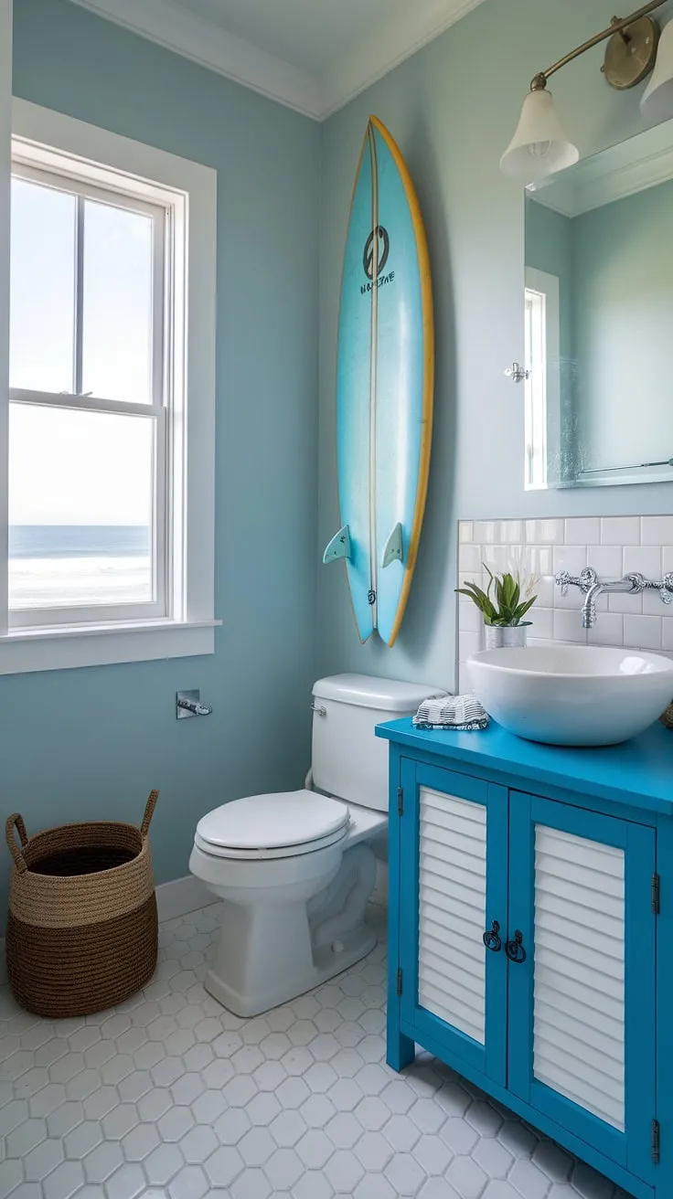 Escape to the coast every morning in this serene coastal small bathroom.  The perfect blend of blue beach bathroom ideas and white coastal bathroom ideas creates a calming coastal aesthetic bathroom, embodying the relaxed beach house bathroom aesthetic.  This beach aesthetic bathroom design, with its subtle surf theme bathroom accents, is the epitome of beach cottage style bathroom charm.