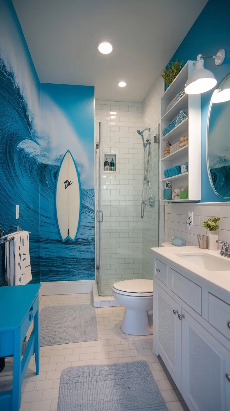 Dive into relaxation in this beach aesthetic bathroom.  Blue and white hues define this small coastal bathroom, showcasing clever beach house bathroom aesthetic ideas.  The surf theme bathroom, featuring a surfboard shelf and wave mural, achieves the perfect coastal aesthetic bathroom feel.  This beach cottage style bathroom is a testament to inspiring blue beach bathroom ideas and white coastal bathroom ideas.