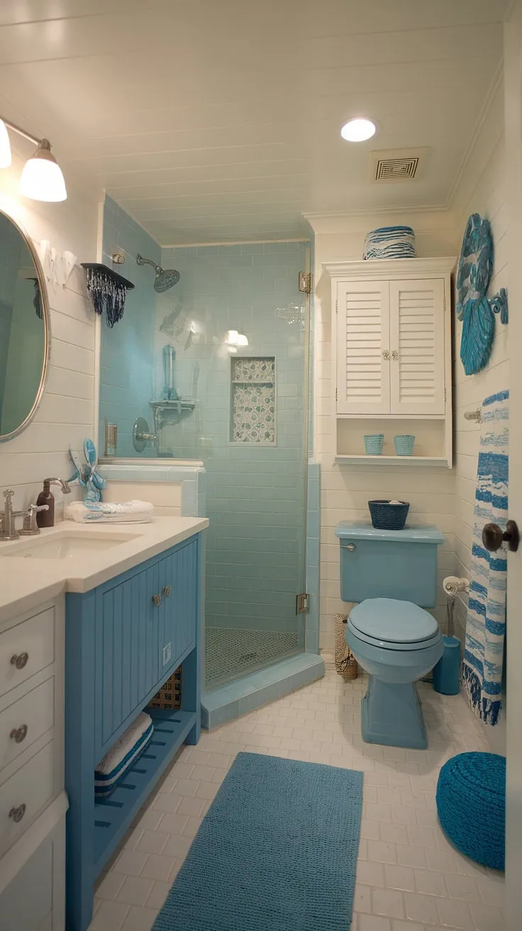 This beach cottage style bathroom embodies the perfect beach house bathroom aesthetic.  Blue beach bathroom ideas and white coastal bathroom ideas combine effortlessly to create a stunning coastal aesthetic bathroom, even within a small space.  The result is a serene surf theme bathroom, brimming with inspiring beach aesthetic bathroom ideas for your coastal small bathroom.