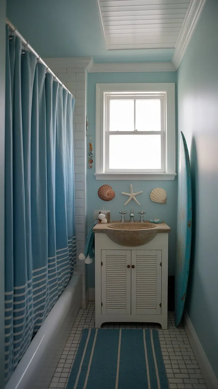 Dive into relaxation in this charming coastal small bathroom.  White coastal bathroom ideas meet a surf theme in this beach aesthetic bathroom, creating the ultimate beach cottage style bathroom.  These blue beach bathroom ideas prove that even a small space can embrace a stunning coastal aesthetic bathroom.