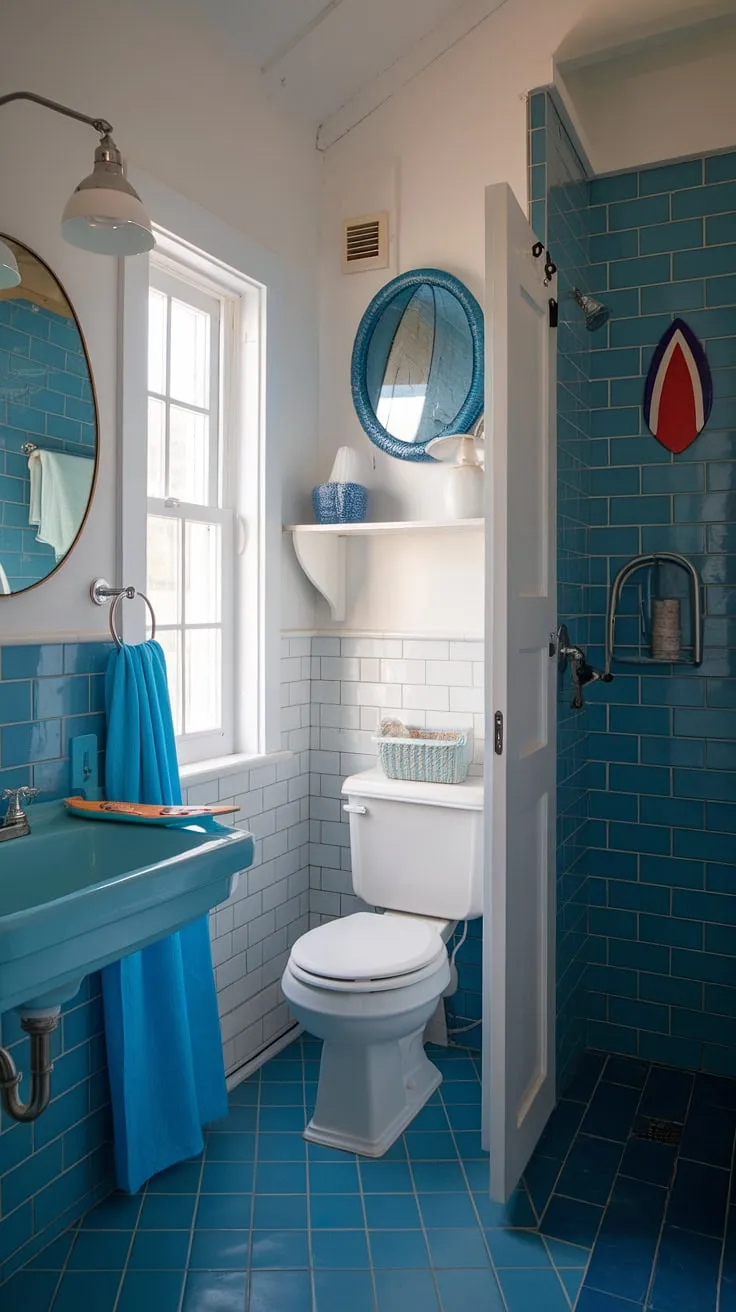 Escape to the coast every morning in this serene coastal small bathroom.  The perfect blend of blue beach bathroom ideas and white coastal bathroom ideas creates a calming coastal aesthetic bathroom, embodying the relaxed beach house bathroom aesthetic.  This beach aesthetic bathroom design, with its subtle surf theme bathroom touches, is the epitome of beach cottage style bathroom charm.