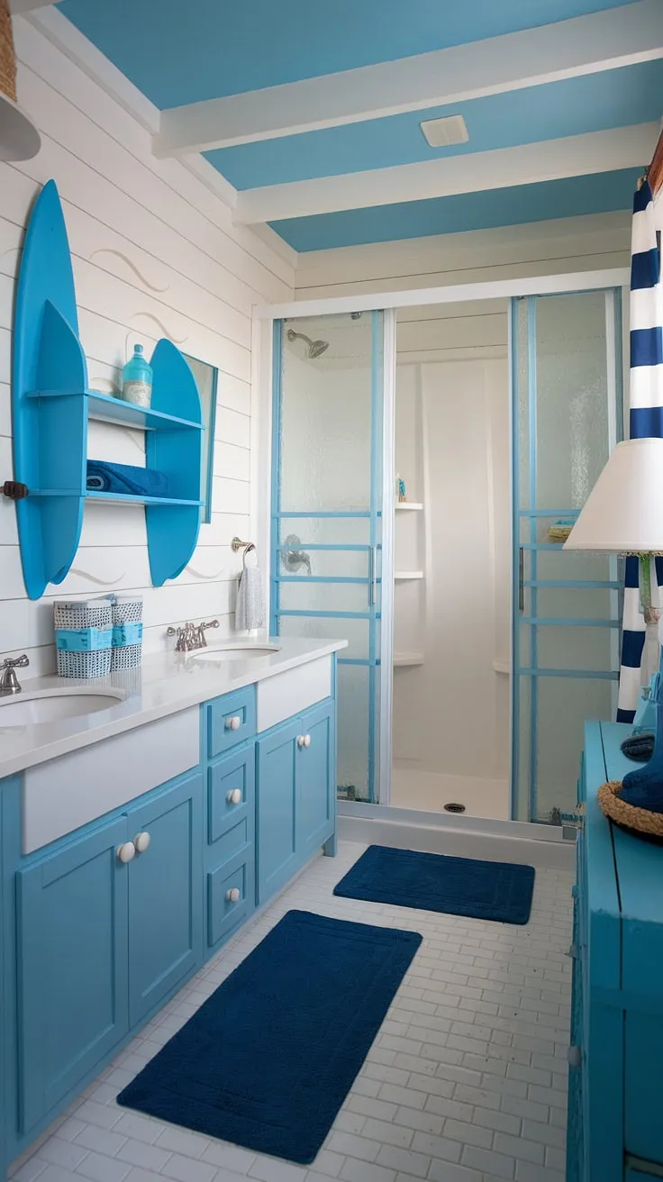 This small bathroom boasts a big beach vibe!  Blue and white create the perfect coastal aesthetic bathroom, showcasing the best of blue beach bathroom ideas and white coastal bathroom ideas.  The surf theme bathroom, with its unique details like the surfboard shelf and striped curtain, achieves the ultimate beach house bathroom aesthetic.  A perfect example of a beach cottage style bathroom and inspiring beach aesthetic bathroom ideas.