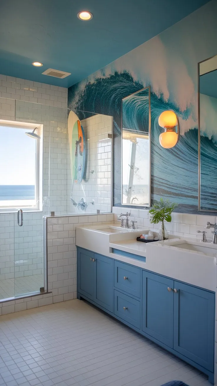 Escape to tranquility in this coastal small bathroom, where blue beach bathroom ideas and white coastal bathroom ideas blend seamlessly to create the ultimate coastal aesthetic bathroom.  The beach house bathroom aesthetic is perfectly captured, offering a serene beach aesthetic bathroom ideas and a touch of surf theme bathroom charm, reminiscent of a charming beach cottage style bathroom.