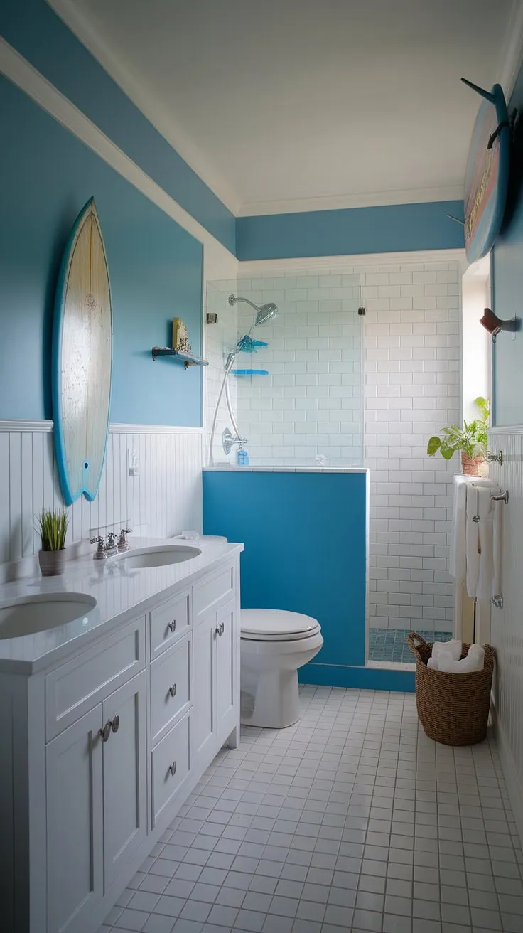 This coastal aesthetic bathroom is the epitome of beach aesthetic bathroom ideas.  A small space transformed into a tranquil oasis with a clever blend of white coastal bathroom ideas and blue beach bathroom ideas. The surf theme bathroom and beach cottage style bathroom elements create a dreamy coastal small bathroom retreat.