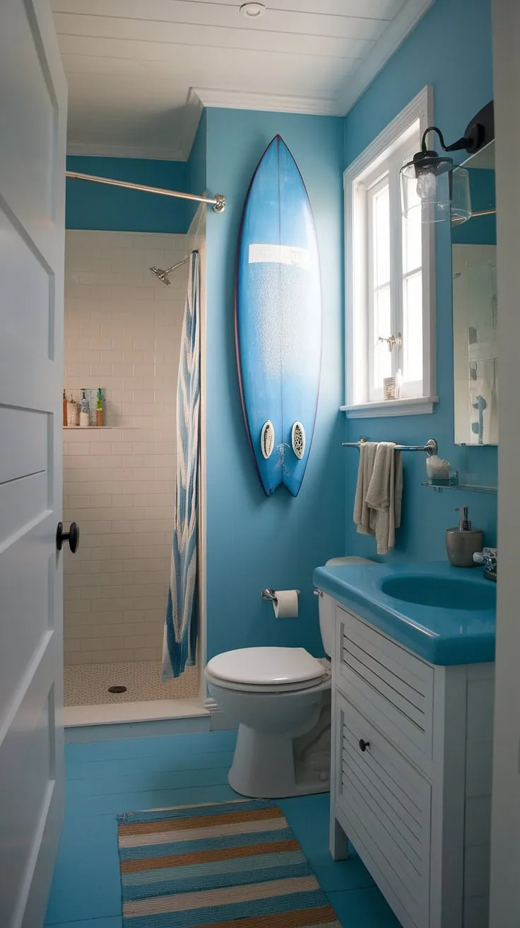 Escape to the coast every morning in this serene coastal small bathroom.  The perfect blend of blue beach bathroom ideas and white coastal bathroom ideas creates a calming coastal aesthetic bathroom, embodying the relaxed beach house bathroom aesthetic.  This space effortlessly captures the beach aesthetic bathroom ideas with its subtle surf theme bathroom touches, all while maintaining a charming beach cottage style bathroom feel.
