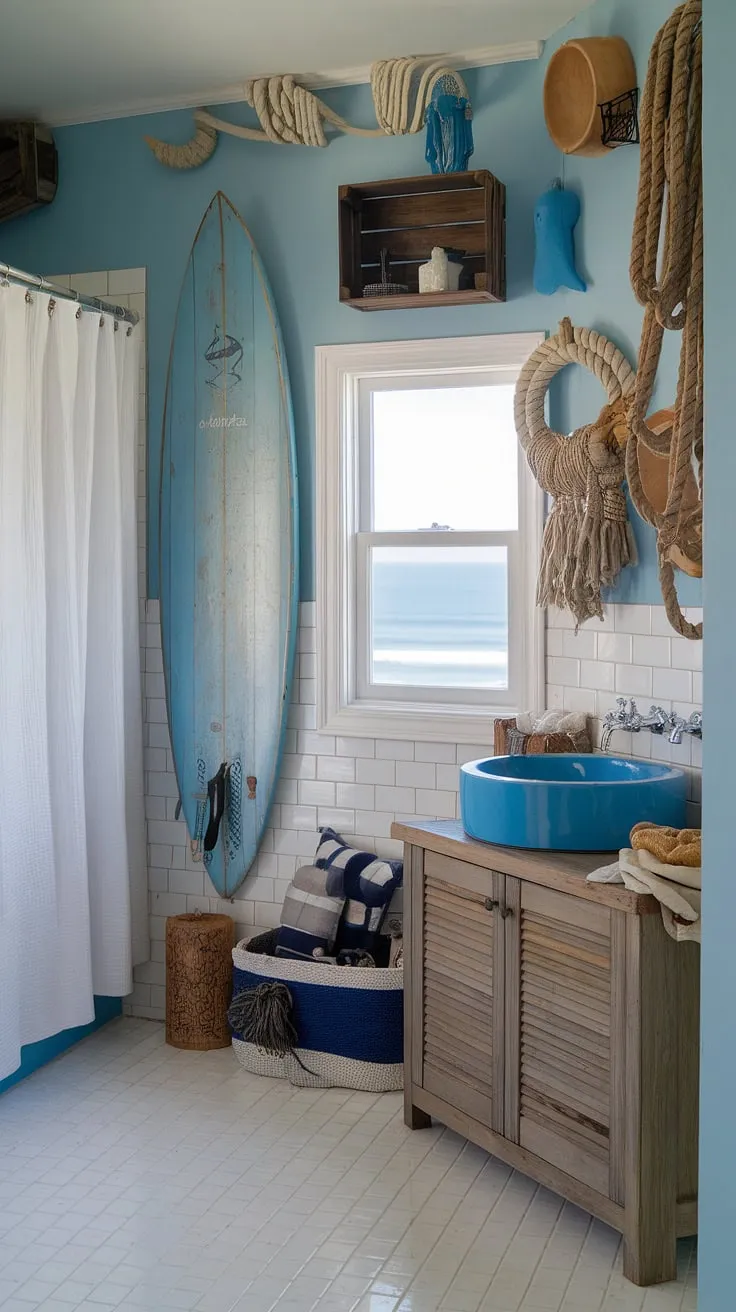 Escape to the coast every morning in this serene coastal small bathroom.  The perfect blend of blue beach bathroom ideas and white coastal bathroom ideas creates a calming coastal aesthetic bathroom, embodying the relaxed beach house bathroom aesthetic.  This beach aesthetic bathroom design, with its subtle surf theme bathroom accents, offers a taste of beach cottage style bathroom charm without sacrificing space.