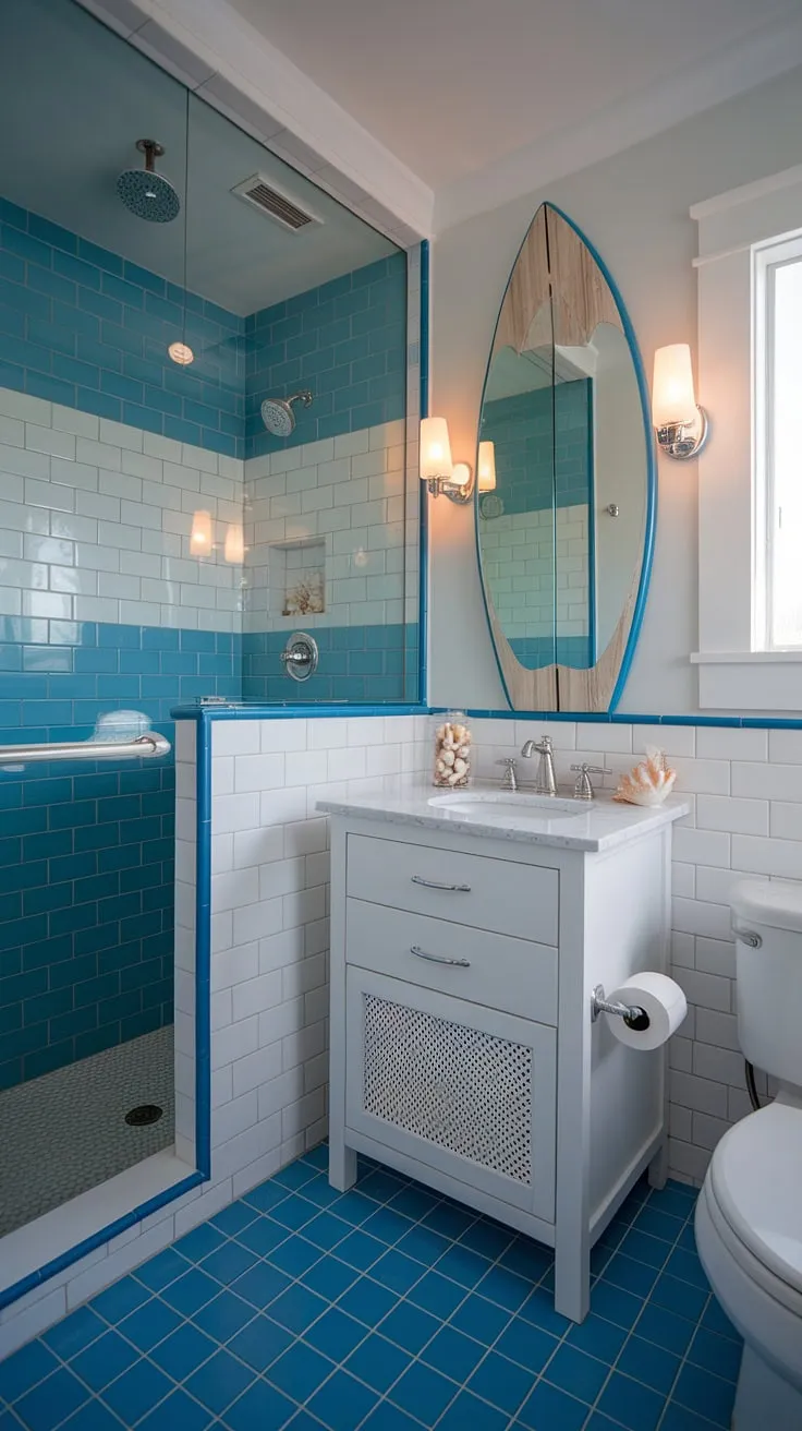 Transform your small bathroom into a tranquil coastal retreat. This design showcases the best of blue beach bathroom ideas and white coastal bathroom ideas, creating a stunning coastal aesthetic bathroom.  The beach house bathroom aesthetic is perfectly captured, blending beach aesthetic bathroom ideas and subtle surf theme bathroom elements for a charming beach cottage style bathroom.