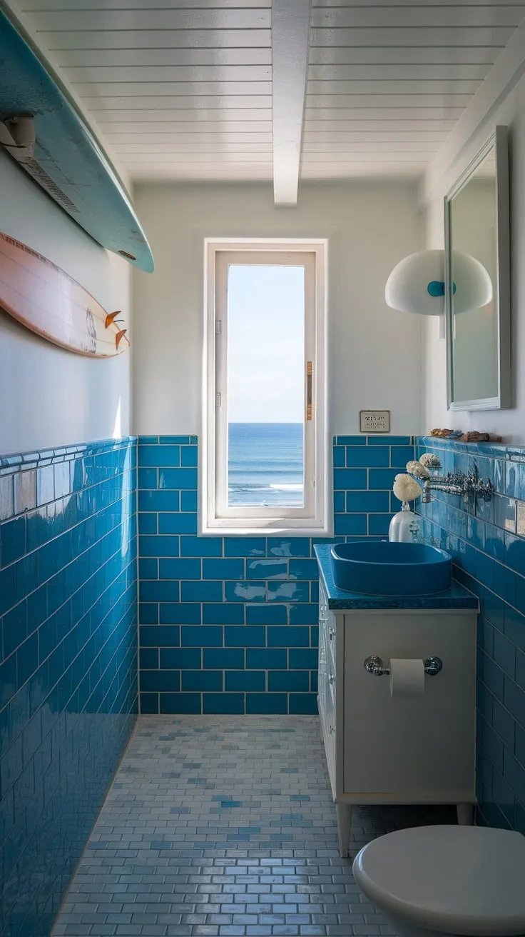 This surf theme bathroom is the epitome of beach cottage style bathroom design.  Small but mighty, this coastal small bathroom boasts stunning blue beach bathroom ideas and white coastal bathroom ideas, creating a dreamy coastal aesthetic bathroom.  The ocean view completes the perfect beach house bathroom aesthetic and beach aesthetic bathroom ideas.