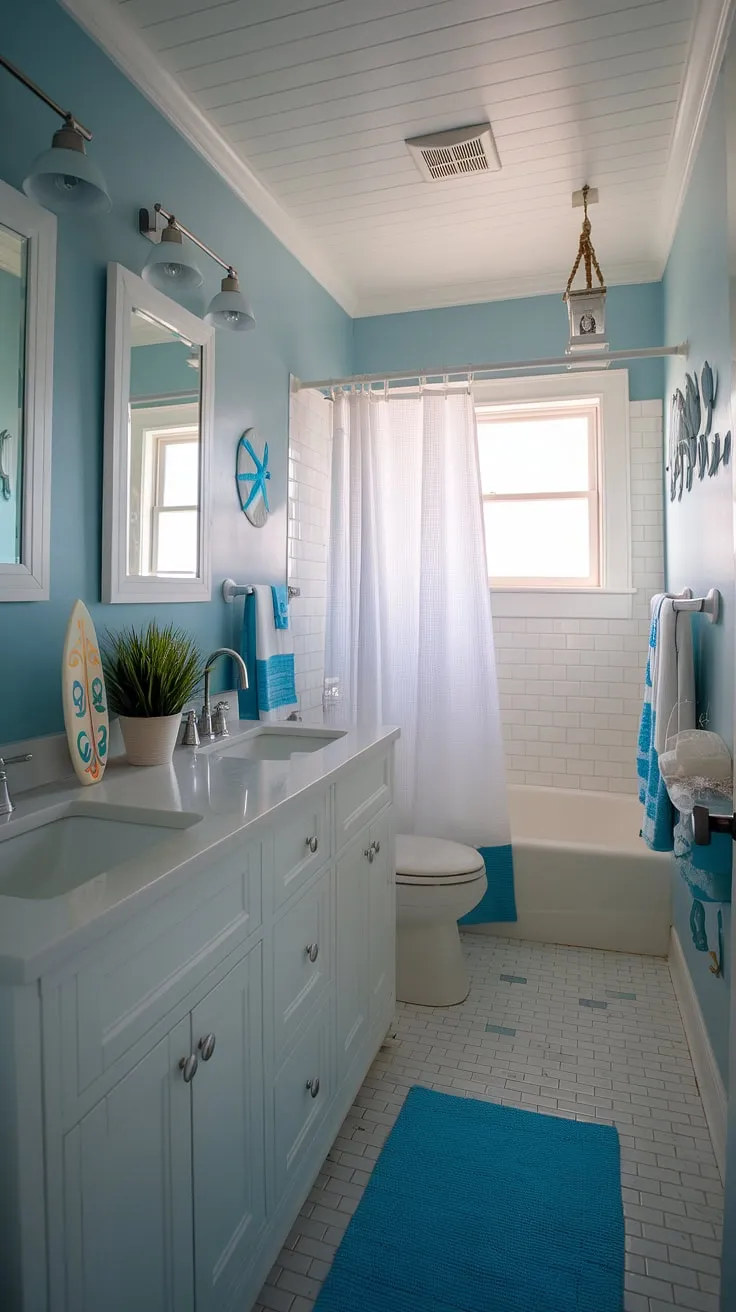 Escape to your own private coastal haven with this small bathroom, perfectly embodying a blue beach bathroom aesthetic.  The white coastal bathroom ideas blend seamlessly with the surf theme, creating a tranquil beach house bathroom aesthetic that's pure beach cottage style.