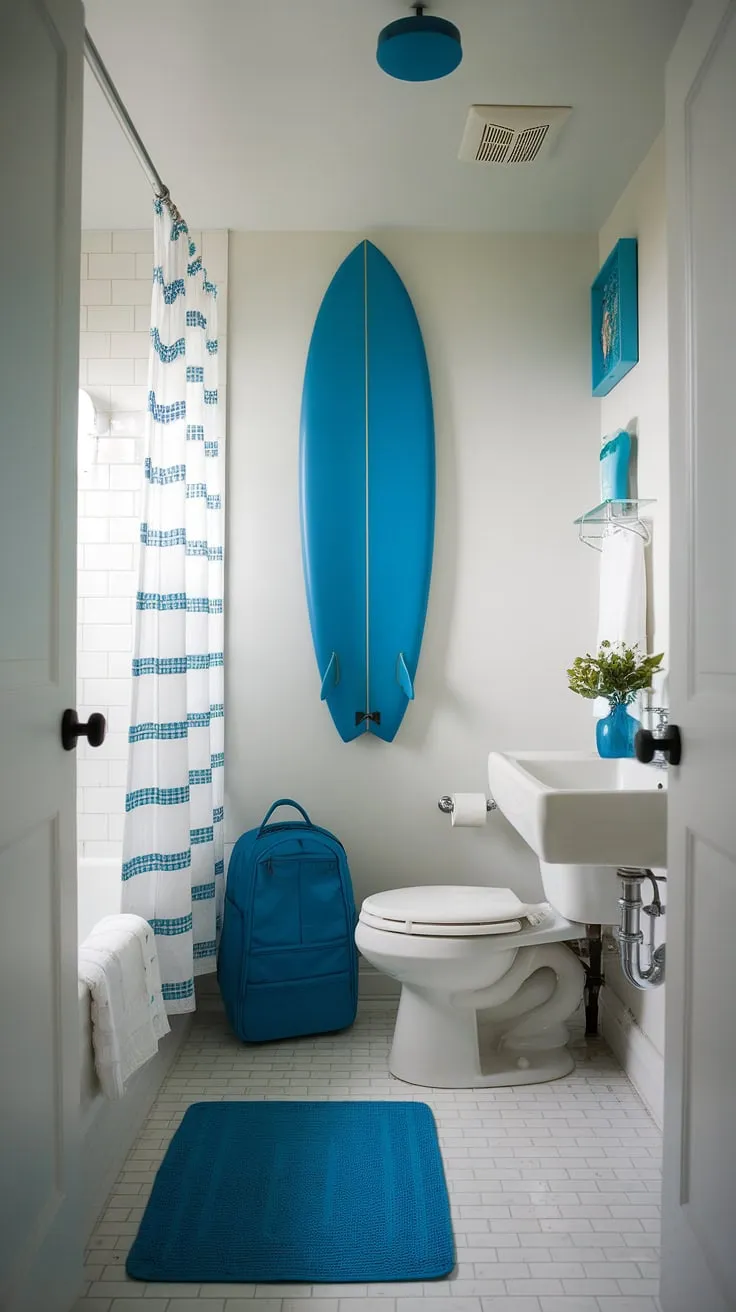 Transform your bathroom into a serene beach escape with this coastal aesthetic bathroom design.  This small bathroom showcases the best of blue beach bathroom ideas and white coastal bathroom ideas, achieving a charming beach cottage style bathroom with a subtle surf theme.  The perfect beach aesthetic bathroom ideas for a relaxing retreat.