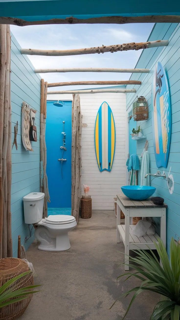 This beach cottage style bathroom embodies the perfect beach house bathroom aesthetic.  Blue beach bathroom ideas and white coastal bathroom ideas combine effortlessly to create a calming coastal aesthetic bathroom, ideal for a coastal small bathroom.  The subtle surf theme bathroom adds a touch of playful coastal charm, making it a haven of beach aesthetic bathroom ideas.