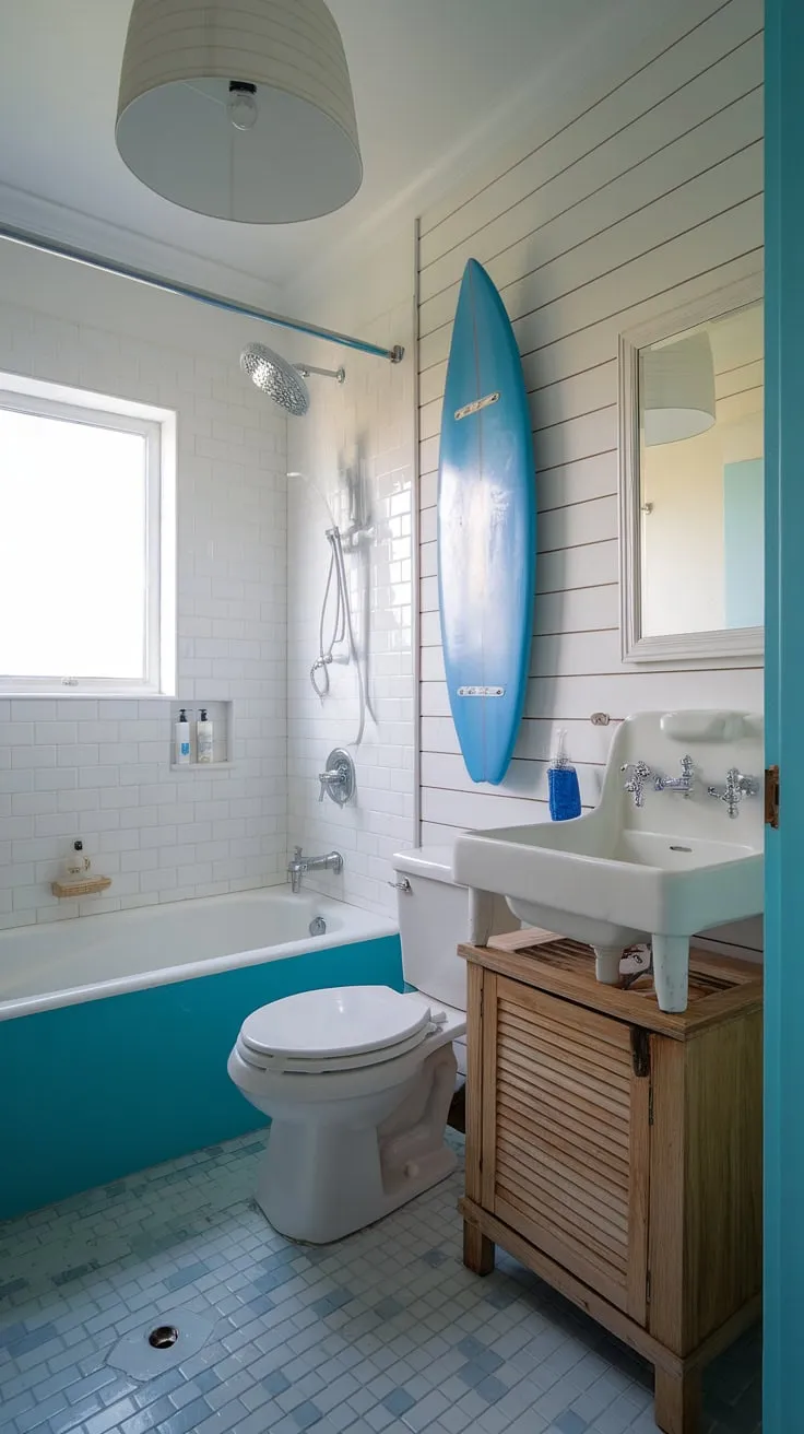 This beach cottage style bathroom embodies the perfect beach house bathroom aesthetic.  Blue beach bathroom ideas and white coastal bathroom ideas combine effortlessly to create a stunning coastal aesthetic bathroom, even within a small space.  The surf theme bathroom details add a playful touch to this serene coastal small bathroom, offering inspiring beach aesthetic bathroom ideas.