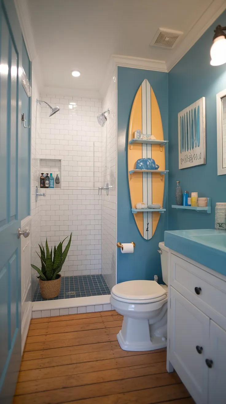 Escape to tranquility in this coastal small bathroom, where blue beach bathroom ideas and white coastal bathroom ideas blend seamlessly to create the ultimate coastal aesthetic bathroom.  The beach house bathroom aesthetic is perfectly captured, offering a serene beach aesthetic bathroom ideas and a touch of surf theme bathroom charm within a charming beach cottage style bathroom.