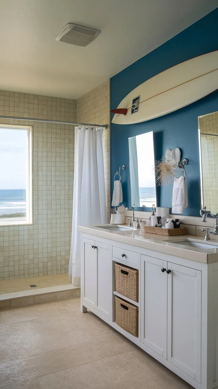 Escape to the coast every morning in this serene coastal small bathroom.  The perfect blend of blue beach bathroom ideas and white coastal bathroom ideas creates a calming coastal aesthetic bathroom, embodying the relaxed beach house bathroom aesthetic.  This beach aesthetic bathroom design, with its subtle surf theme bathroom touches, offers a tranquil beach cottage style bathroom retreat.
