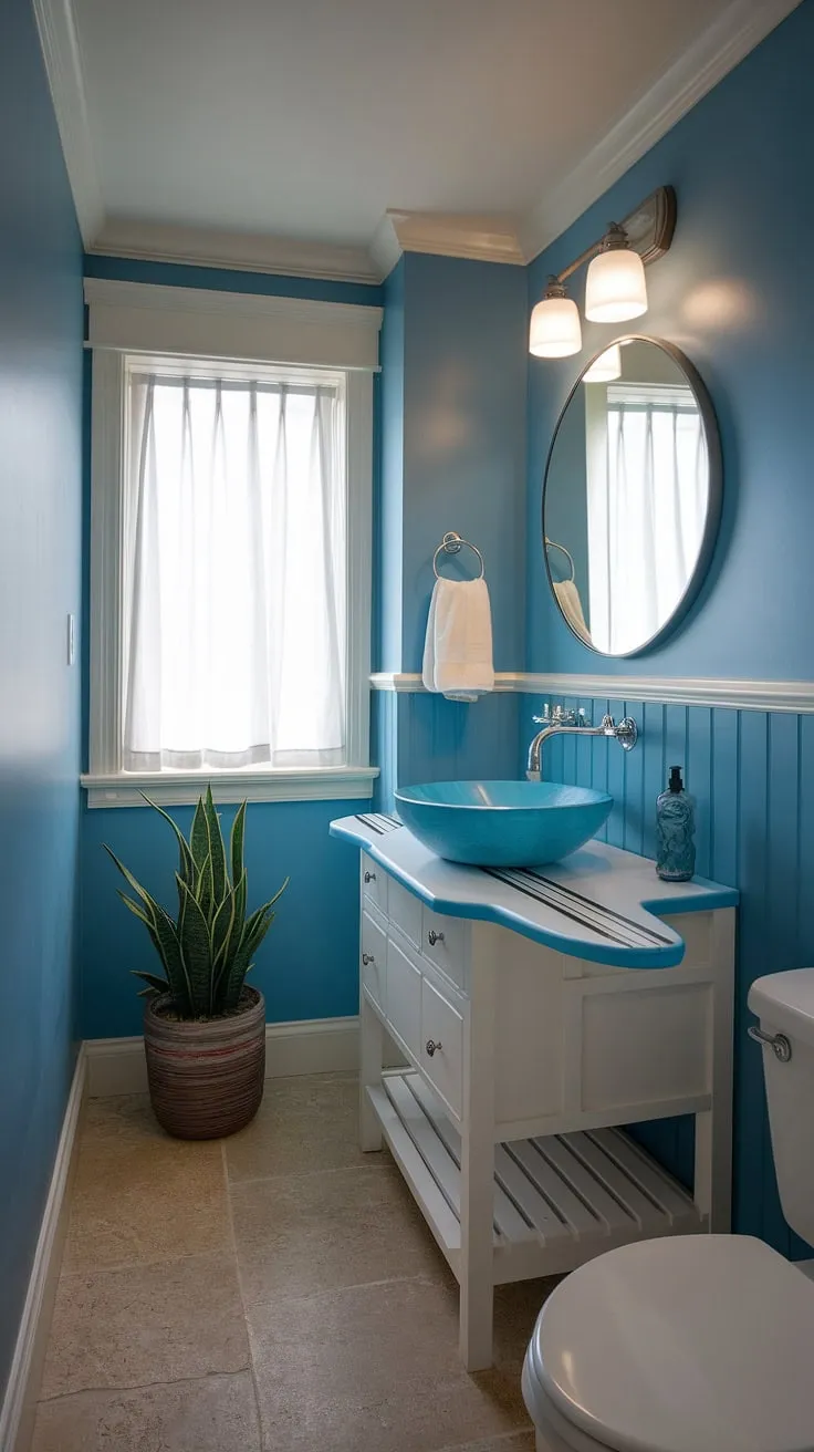 Escape to the coast every morning in this serene coastal small bathroom.  The perfect blend of blue beach bathroom ideas and white coastal bathroom ideas creates a calming coastal aesthetic bathroom, embodying the relaxed beach house bathroom aesthetic.  This beach aesthetic bathroom design, with its subtle surf theme bathroom accents, offers a tranquil beach cottage style bathroom retreat.