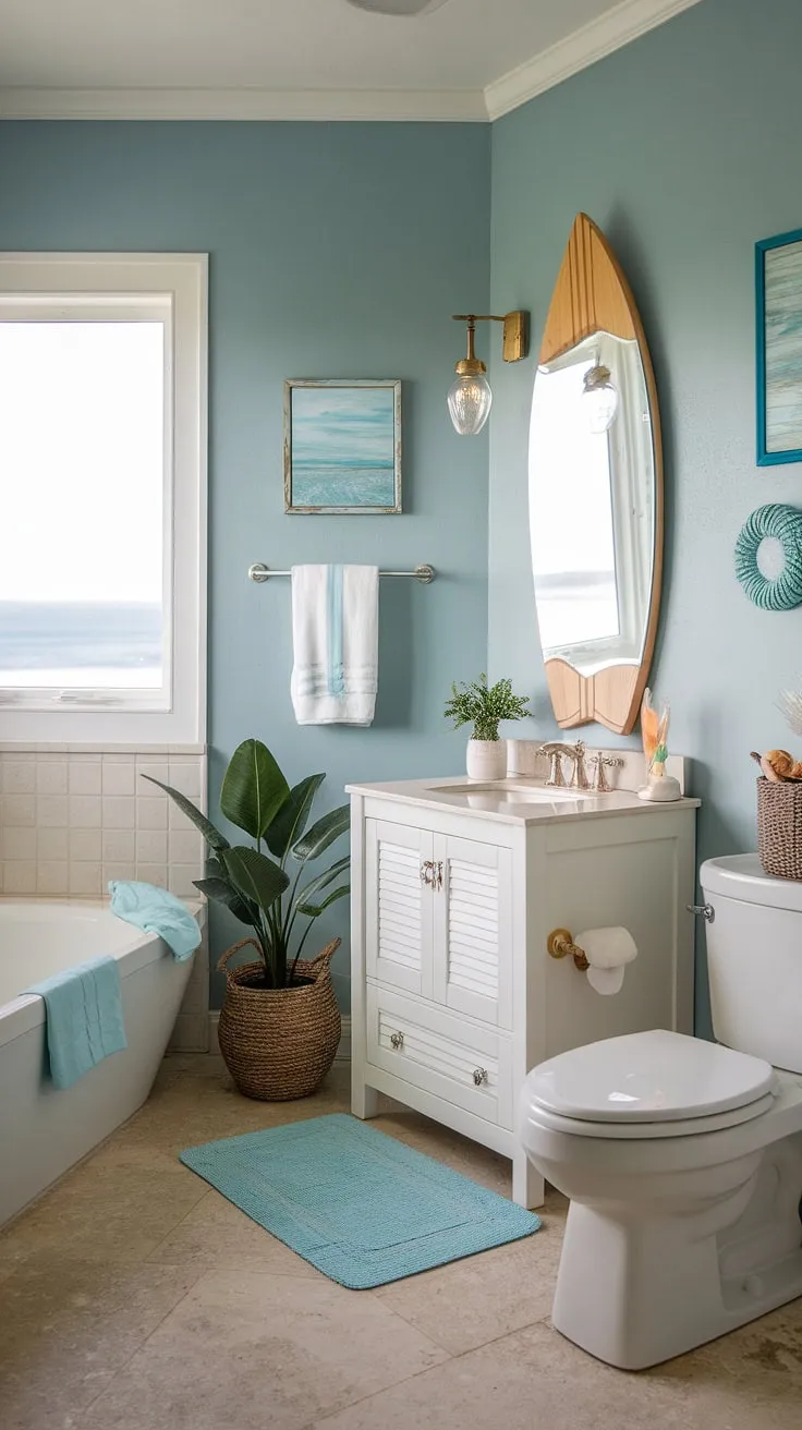 Escape to the coast every morning in this serene coastal small bathroom.  The perfect blend of blue beach bathroom ideas and white coastal bathroom ideas creates a calming coastal aesthetic bathroom, embodying the relaxed beach house bathroom aesthetic.  This beach aesthetic bathroom design, with its subtle surf theme bathroom touches, offers a tranquil beach cottage style bathroom retreat.