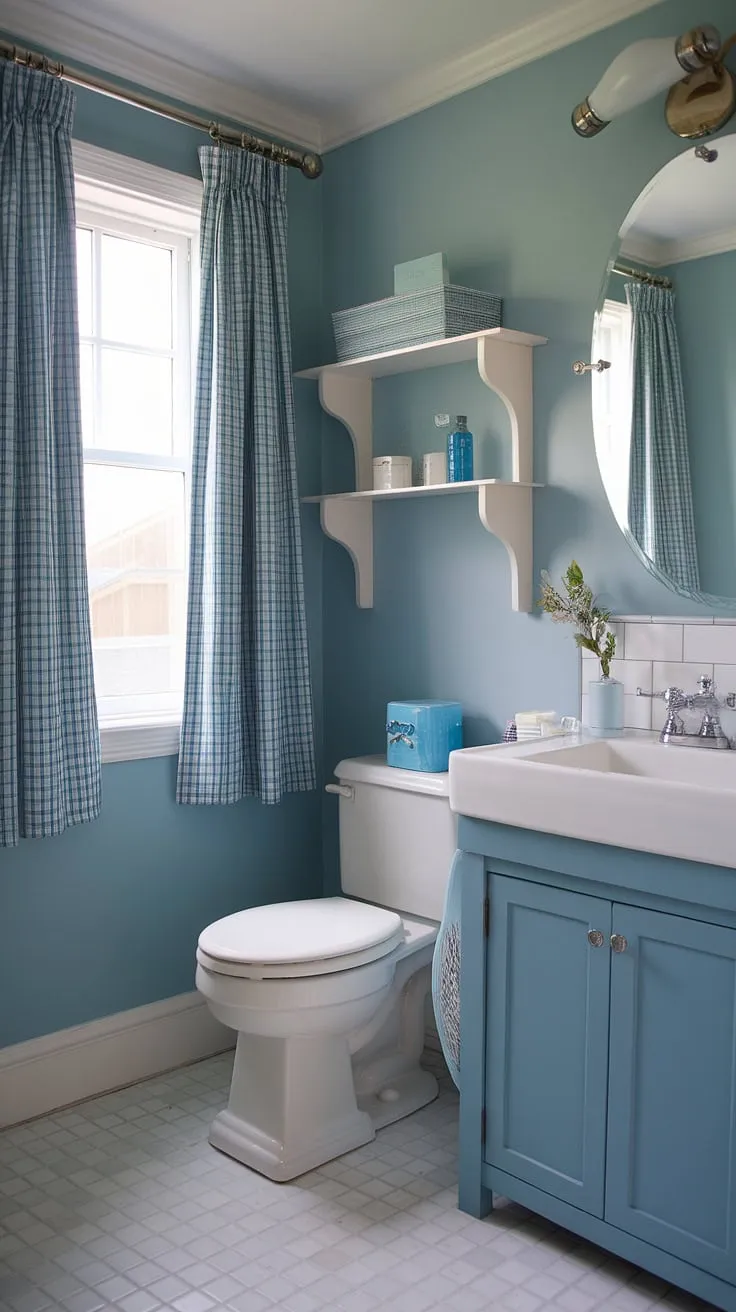 Escape to the coast every morning in this serene coastal small bathroom.  The perfect blend of blue beach bathroom ideas and white coastal bathroom ideas creates a calming coastal aesthetic bathroom, embodying the relaxed beach house bathroom aesthetic.  This beach aesthetic bathroom design, with its subtle surf theme bathroom touches, is the epitome of beach cottage style bathroom charm.