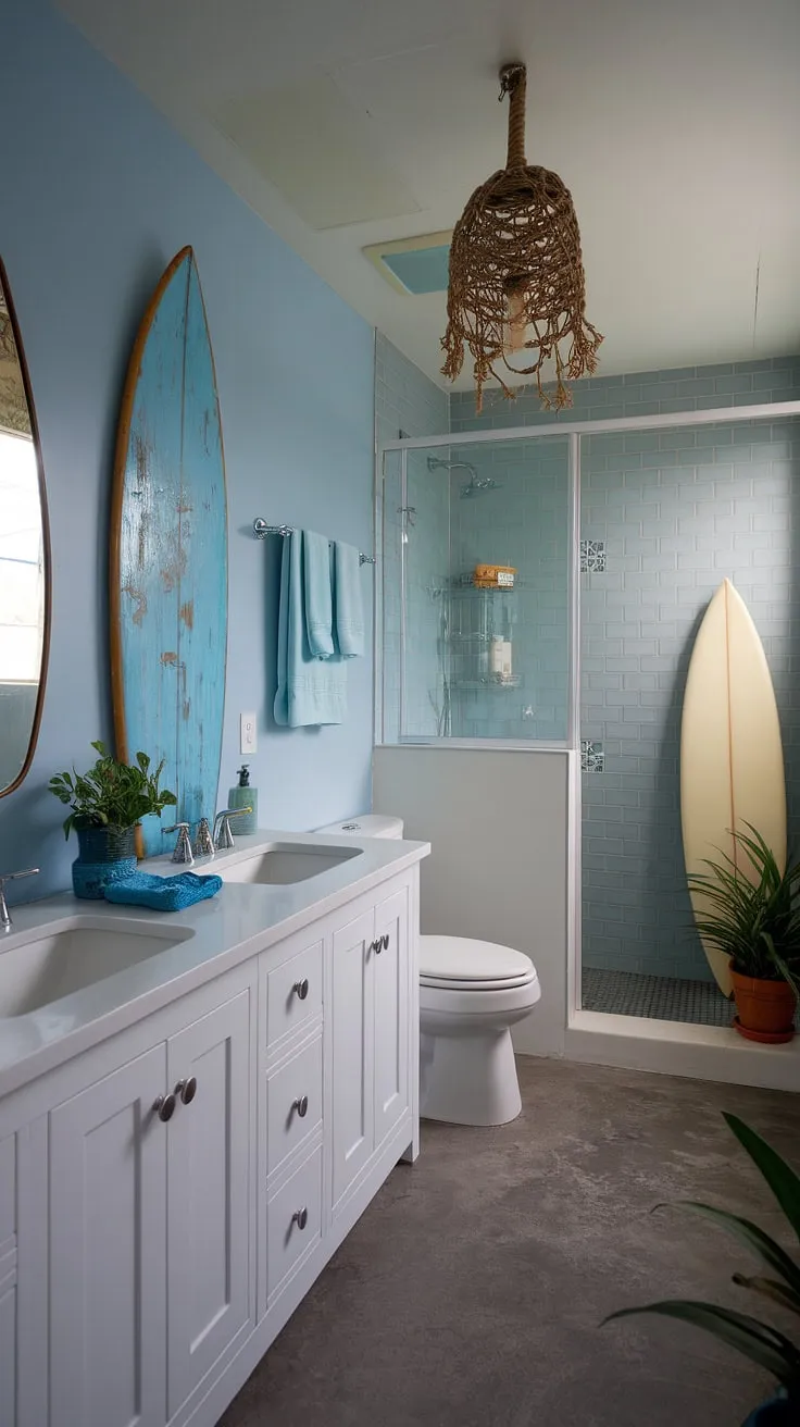 Escape to tranquility in this coastal small bathroom, where blue beach bathroom ideas and white coastal bathroom ideas blend seamlessly to create the ultimate coastal aesthetic bathroom.  The beach house bathroom aesthetic is perfectly captured, offering a serene beach aesthetic bathroom ideas and a subtle surf theme bathroom within a charming beach cottage style bathroom.