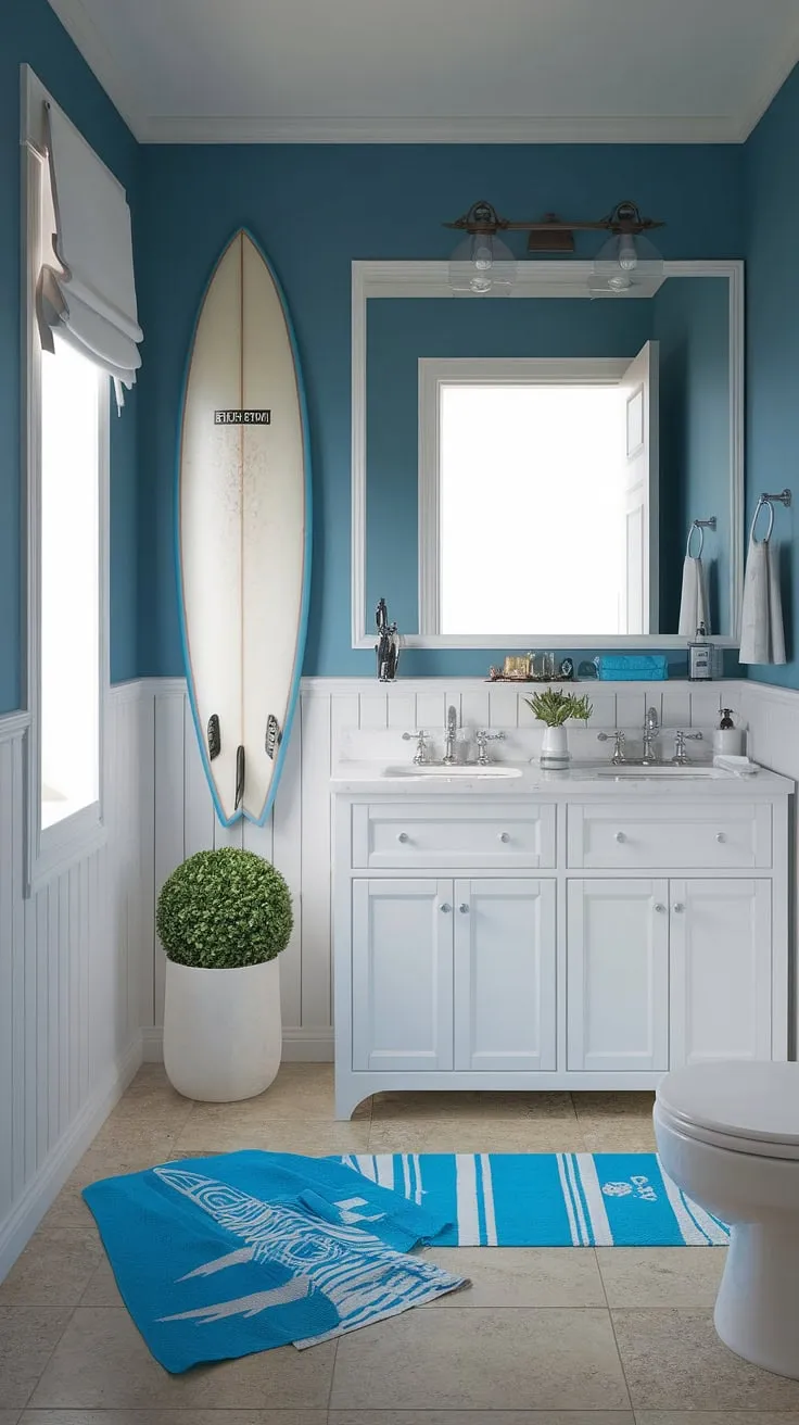 Escape to this beach aesthetic bathroom, a charming coastal small bathroom brimming with surf theme details.  From the surfboard on the wall to the beach-inspired towel, every element contributes to the perfect beach house bathroom aesthetic.  Find inspiration for your own blue beach bathroom ideas and white coastal bathroom ideas in this coastal aesthetic bathroom, a true beach cottage style bathroom haven.