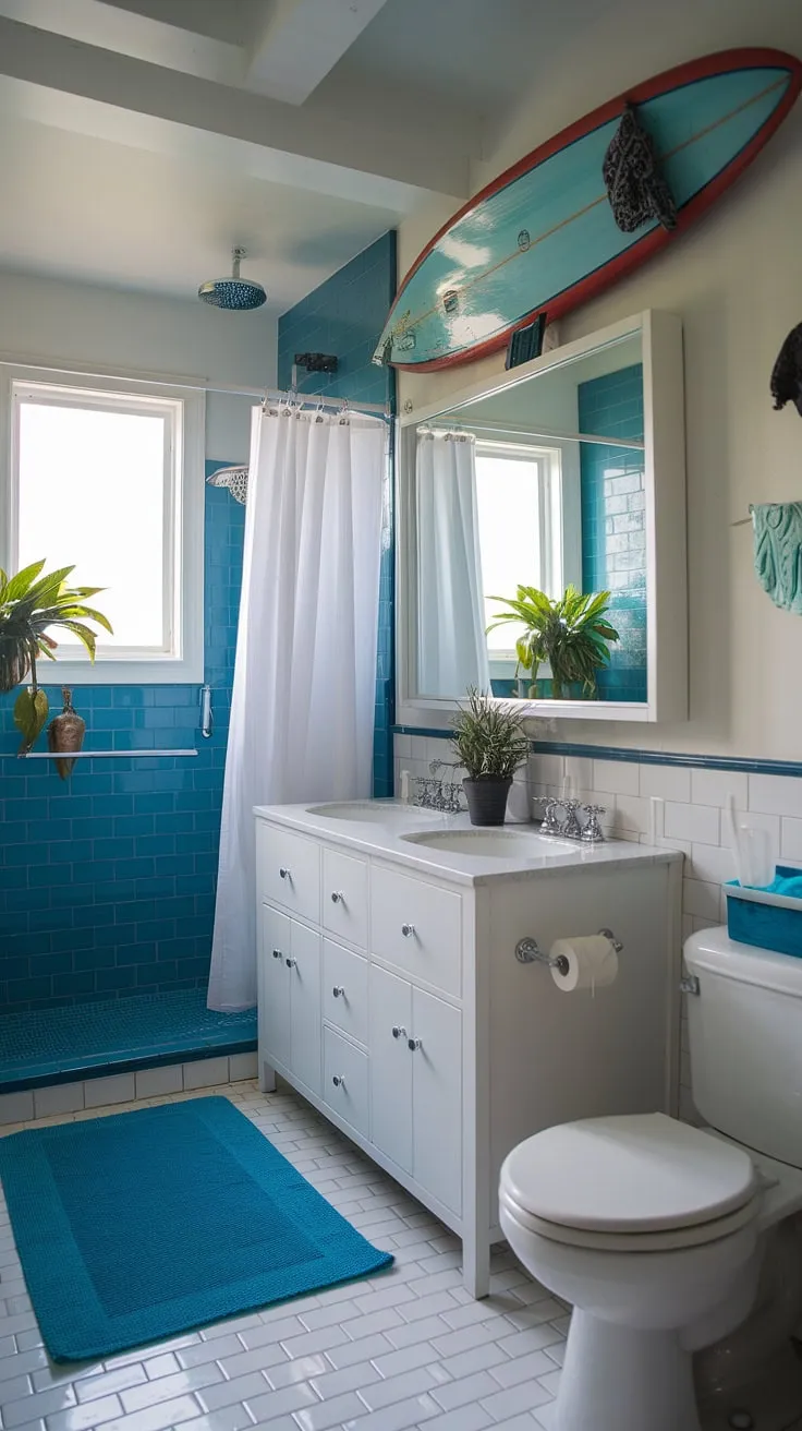 Escape to the coast every morning in this serene coastal small bathroom.  The perfect blend of blue beach bathroom ideas and white coastal bathroom ideas creates a calming coastal aesthetic bathroom, embodying the relaxed beach house bathroom aesthetic.  This beach aesthetic bathroom design, with its subtle surf theme bathroom touches, offers a tranquil beach cottage style bathroom retreat.