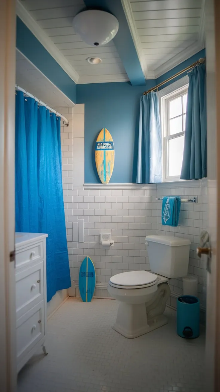 This beach cottage style bathroom embodies the perfect beach house bathroom aesthetic.  Blue beach bathroom ideas and white coastal bathroom ideas combine effortlessly to create a stunning coastal aesthetic bathroom, even in a small space.  The subtle surf theme bathroom details complete this dreamy beach aesthetic bathroom ideas retreat.