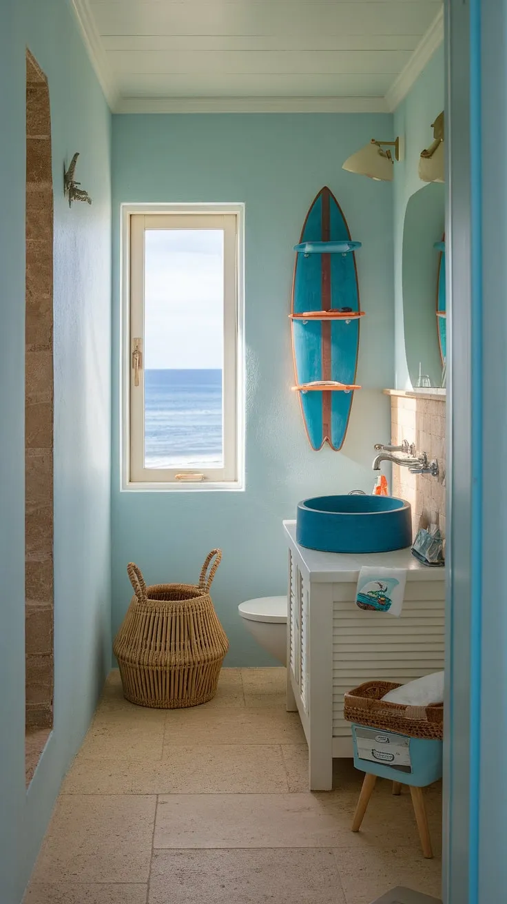 Escape to the coast every morning in this serene coastal small bathroom.  The perfect blend of blue beach bathroom ideas and white coastal bathroom ideas creates a calming coastal aesthetic bathroom, embodying the relaxed beach house bathroom aesthetic.  This beach aesthetic bathroom design, with its subtle surf theme bathroom accents, offers a tranquil beach cottage style bathroom retreat.