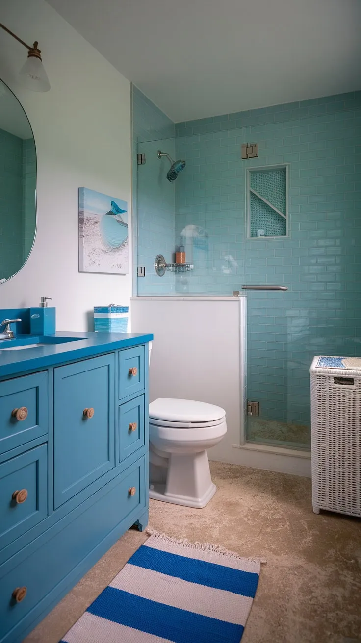 Escape to tranquility in this coastal small bathroom, where blue beach bathroom ideas and white coastal bathroom ideas blend seamlessly to create the ultimate coastal aesthetic bathroom.  The beach house bathroom aesthetic is perfectly captured, offering a serene beach aesthetic bathroom ideas and a subtle surf theme bathroom within a charming beach cottage style bathroom.