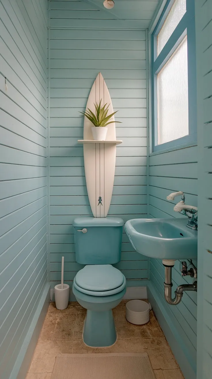 Escape to your own private coastal haven with this small bathroom, perfectly embodying a blue beach bathroom aesthetic.  The white coastal bathroom ideas blend seamlessly with the surf theme, creating a tranquil beach house bathroom aesthetic that's pure beach cottage style.