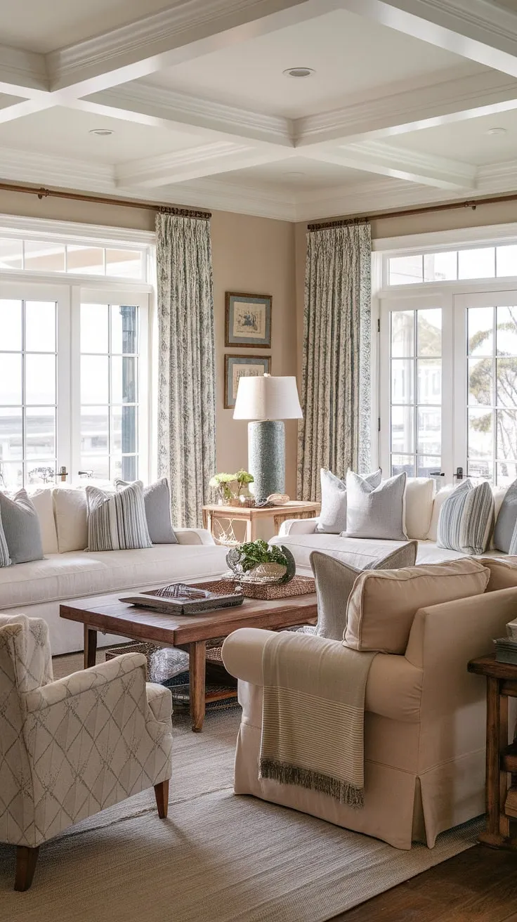 Embrace the laid-back luxury of this cozy Florida living room, a stunning example of Charleston style interiors.  Dual sofas create a welcoming space in this natural look living room, while patio doors offer seamless transitions to the coastal setting, completing the picture of coastal traditional living.