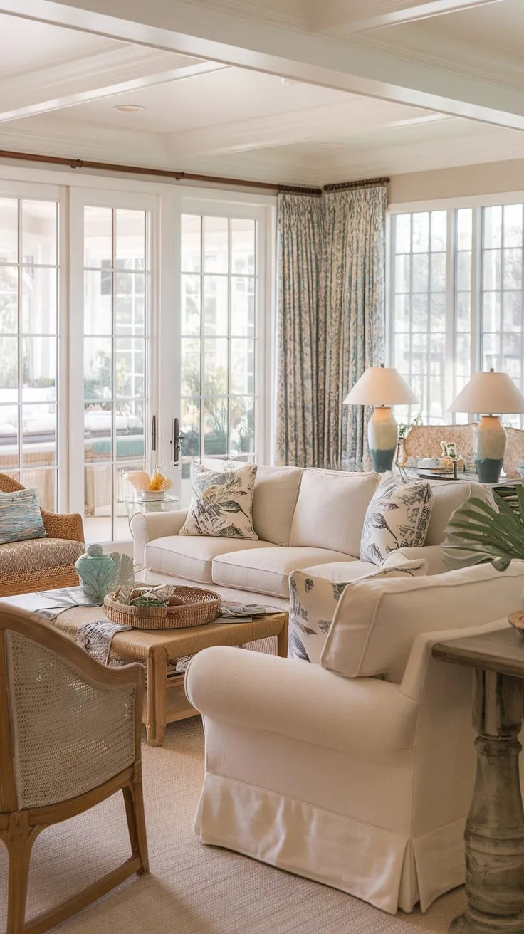 This cozy Florida living room seamlessly blends Charleston style interiors and a coastal traditional living room aesthetic.  The natural look living room, complete with dual sofas in the living room and a sitting room with patio doors, offers the perfect blend of indoor and outdoor living.