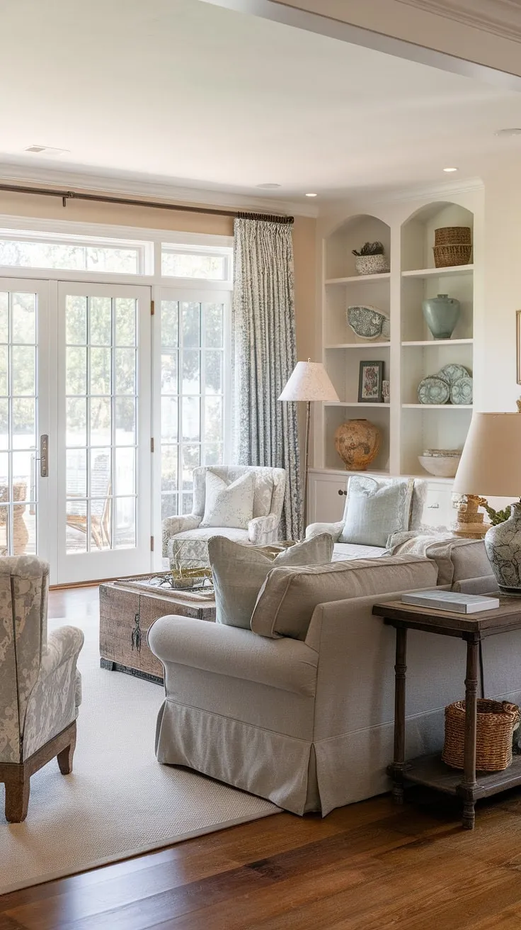 Sunlight streams into this coastal traditional living room, showcasing Charleston style interiors with a cozy Florida feel.  The natural look living room, complete with dual sofas and patio doors opening to the inviting outdoors, perfectly embodies relaxed elegance.