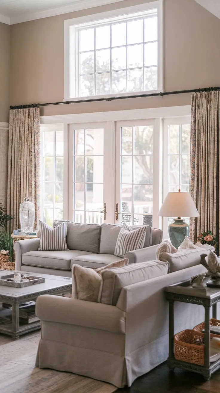 Sunlight streams into this coastal traditional living room, showcasing Charleston style interiors with a cozy Florida feel.  The natural look living room, complete with dual sofas and patio doors opening to the inviting outdoors, creates the perfect space for relaxation.