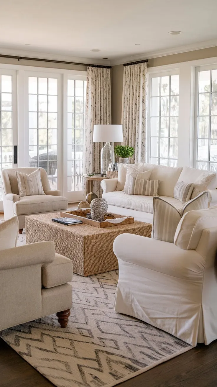Sunlight streams into this coastal traditional living room, showcasing Charleston style interiors with a cozy Florida feel.  The natural look living room, complete with dual sofas and patio doors opening to the inviting outdoors, epitomizes relaxed elegance.