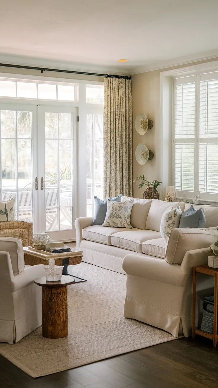 Coastal traditional living at its finest. This Charleston-style sitting room, bathed in natural light streaming through patio doors, offers a cozy Florida escape.  The dual sofas create an inviting space perfect for relaxation, embodying the effortless elegance of a natural look living room.