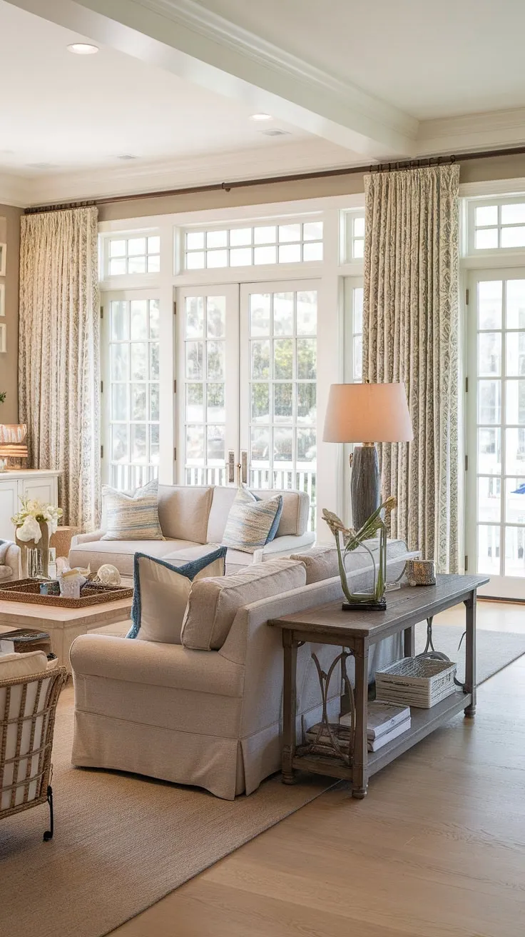 Sunlight streams into this coastal traditional living room, showcasing Charleston style interiors with a cozy Florida feel.  The natural look living room, complete with dual sofas and patio doors opening to the outdoors, invites relaxation and effortless elegance.