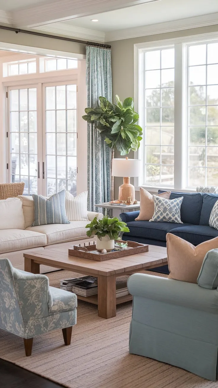 Coastal traditional living at its finest. This Charleston-style sitting room, bathed in natural light streaming through patio doors, offers a cozy Florida escape.  The dual sofas create a welcoming space perfect for relaxing, embodying the effortless elegance of a natural look living room.