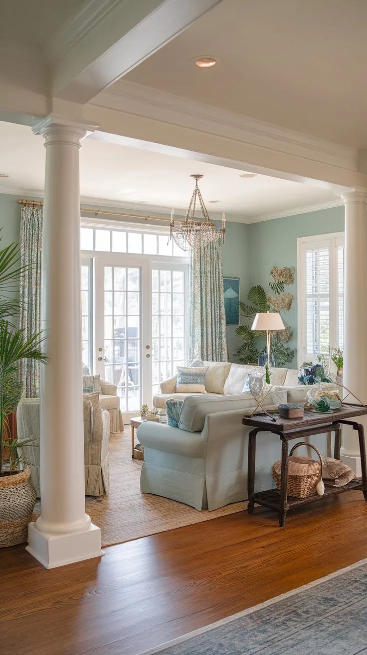 Sunlight streams into this coastal traditional living room, showcasing Charleston style interiors with a cozy Florida feel.  The natural look living room, complete with dual sofas and patio doors opening to the inviting outdoors, perfectly embodies relaxed elegance.
