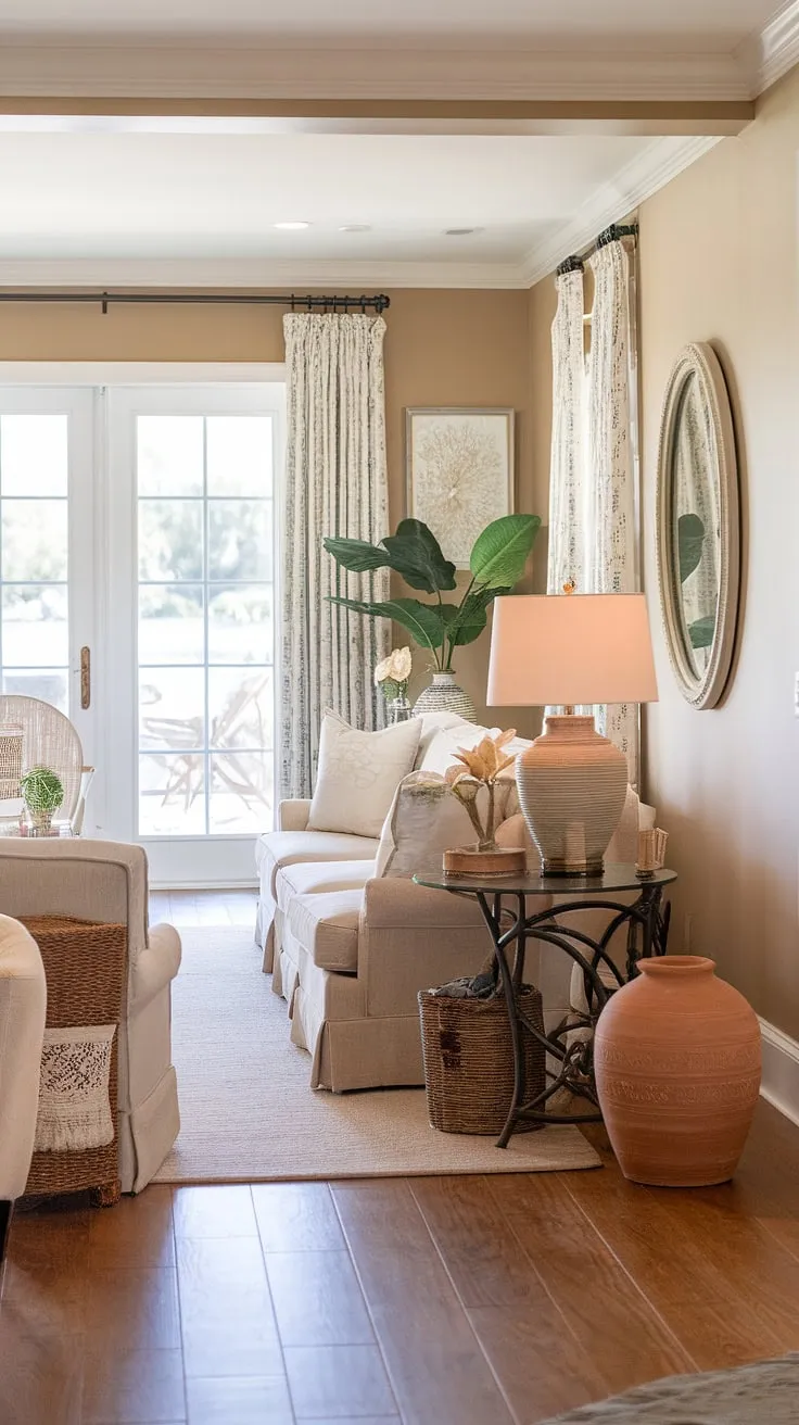 Embrace the easy charm of this cozy Florida living room, a beautiful blend of Charleston style interiors and coastal traditional design.  Dual sofas create a welcoming space, while patio doors connect the natural look living room seamlessly to the surrounding landscape.