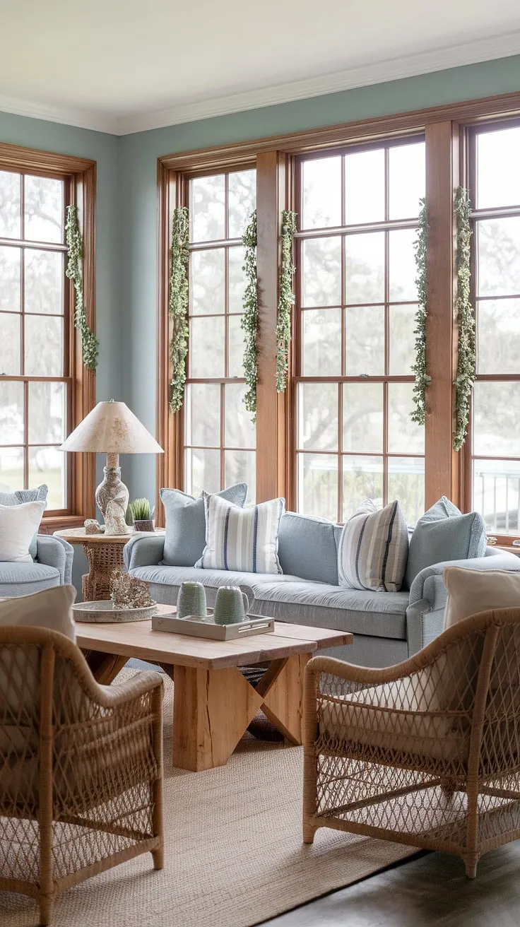 Embrace the laid-back luxury of this cozy Florida living room, designed with Charleston style interiors in mind.  Dual sofas create a welcoming space in this natural look living room, while patio doors seamlessly connect the interior with the coastal charm outside.