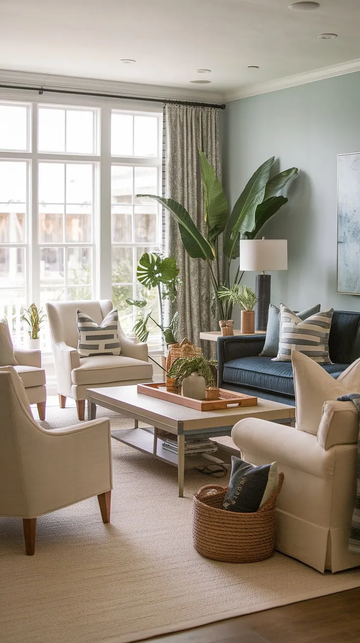 Escape to this cozy Florida living room, a perfect blend of coastal traditional style and Charleston charm.  The natural look living room, featuring dual sofas and a sitting room with patio doors, creates a tranquil space where comfort meets sophisticated design.